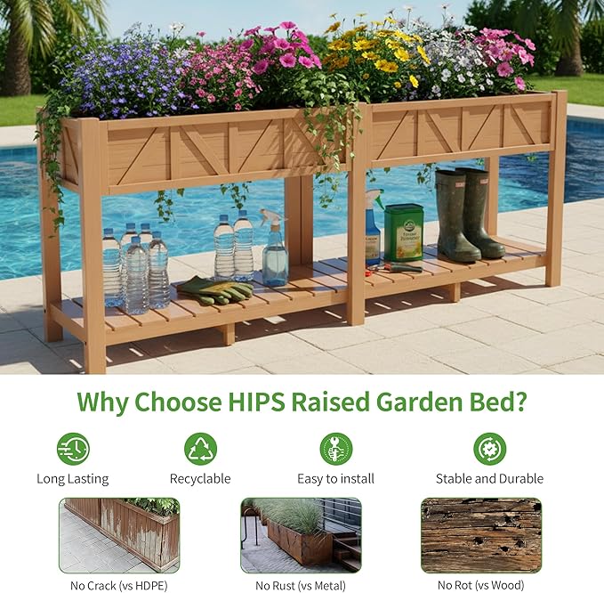 HIPS Elevated Raised Garden Bed with Legs72L x 17.3W x 28.7H Large Outdoor Planter Box with Storage RackAll-Weather Raised Bed Planters with 6 Hooks &amp 2 Non-Woven Liner for Vegetables Flower