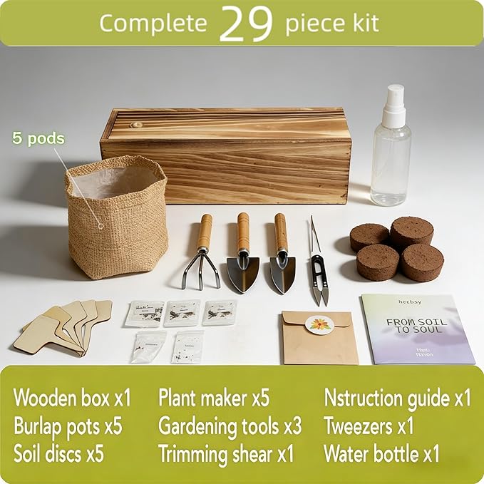 5 Herb Garden Kit with Wooden Box - Including Basil Thyme Parsley Rosemary Mint - Windowsill Herb Garden for Kitchen Gardening Gifts for Mom Women Men Gift Ideas for Birthday Housewarming