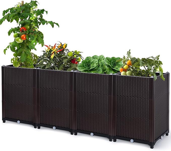 D'vine Dev Raised Patio Planter Box - Elevated Planter with Drainage Plug Raised Garden Beds for Growing Flowers Herbs Vegetables - Outdoor Standing Gardening Kit Set of 4 RGB-D-4N