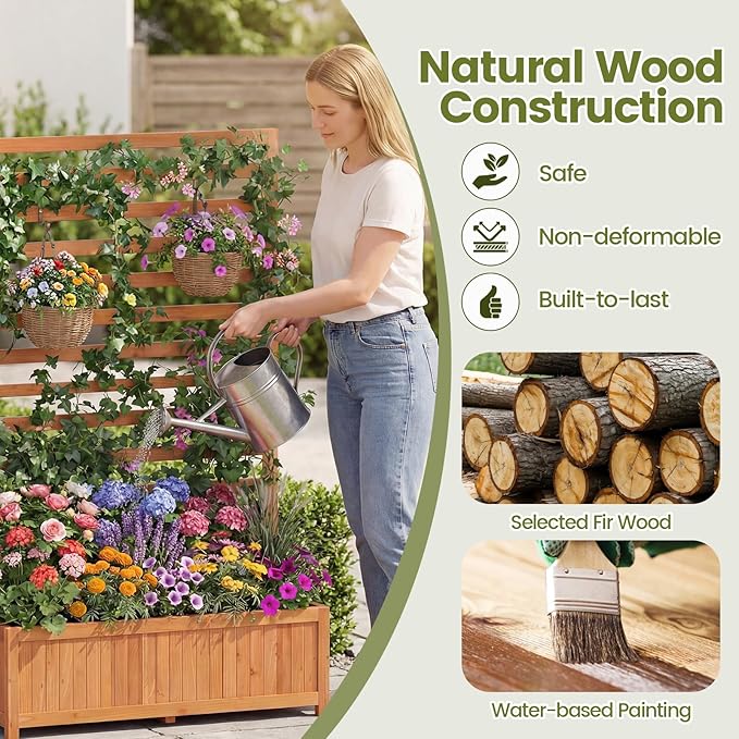 BECOMFORT 59”H Raised Garden Bed with Trellis Tall Fir Wood Planter Box with Liner &amp Drainage Gaps for Climbing Plants Vegetables &amp Flowers Outdoor Privacy Planters for Patio Balcony Yard