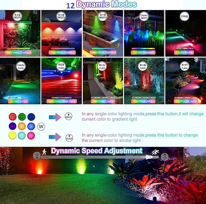 CLY Solar 6 in 1 RGB Spotlights Outdoor Garden 10 Colors 12 Modes Solar Garden Floodlight Landscape Spotlights IP66 Waterproof 59.06ft Cable Spike Light for Lawn Patio Balcony