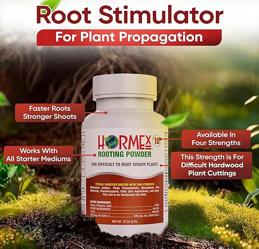 Hormex Rooting Powder #16 (1.60% IBA) for Difficult Hardwood Plants &amp Trees - Maximum Strength Root Powder Root Stimulator for Plants Rooting Hormone for Cuttings Cloning &amp Propagation