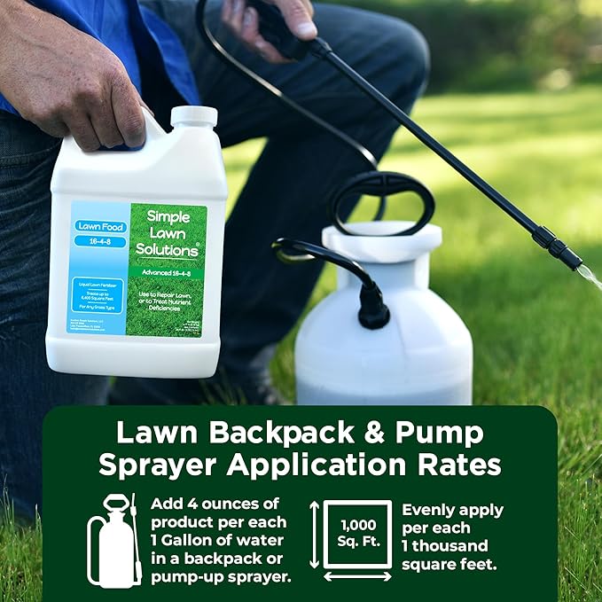 Advanced 16-4-8 Lawn Fertilizer - Liquid Lawn Food Spring &amp Summer Concentrated Spray - Any Grass Type- Fish and Seaweed Kelp- Balanced NPK - Simple Lawn Solutions (64 Ounce)