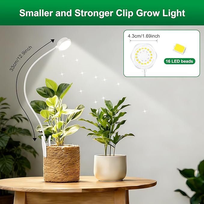 Indoor Small Plant Growth Lights Pot Clip Grow Lights LED Full Spectrum Grow Lamps with 4 Brightness Levels Auto Timer 6/12/ 16 Hrs for Succulents White 2 Pack