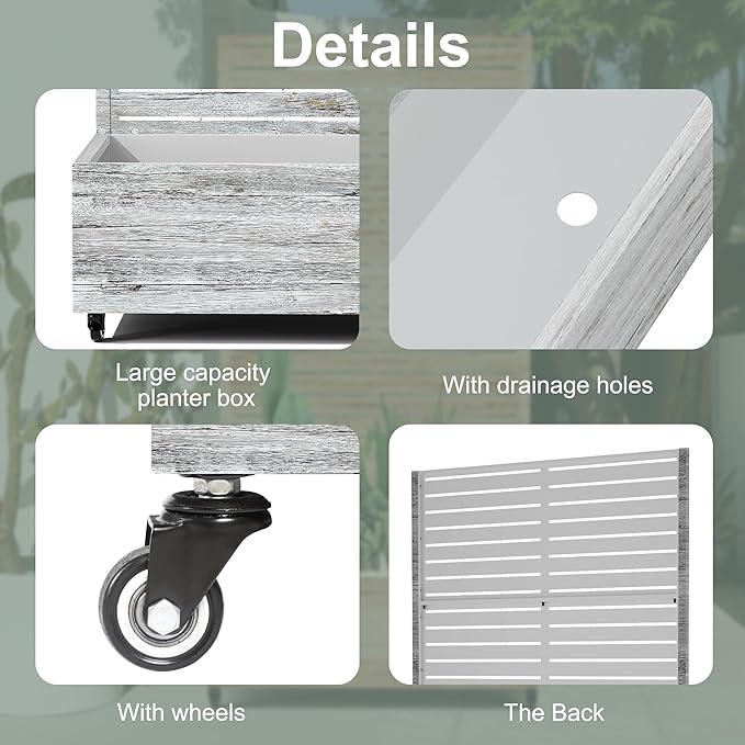 Metal Planter Boxs with Trellis &amp Wheels for Outdoor Plants Vines Large Raised Garden Beds with Drainage Holes for Patio (47 L Gray Oak Grain)