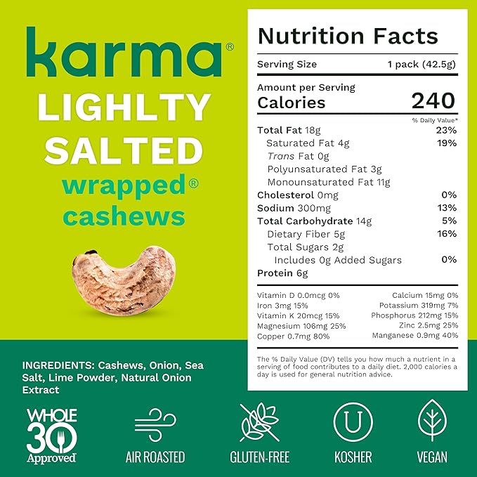 Lime Twist Cashews with Skin by Karma Nuts Whole Roasted Vegan Gluten Free Low Net Carb Natural No Sugar Added Keto Friendly Everyday Nut Snack 1.5 Ounce (12 Snack Packs)