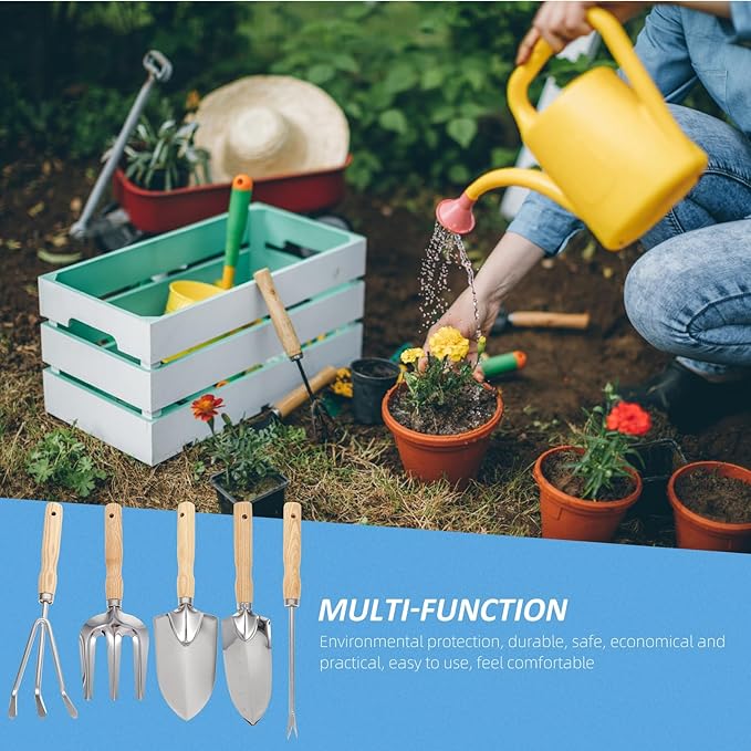 5pcs Garden Tool Set Wooden Handles Stainless Steel Digging Shovel Weeding Shovel and Portable Rake for Outdoor Planting and Home Gardening