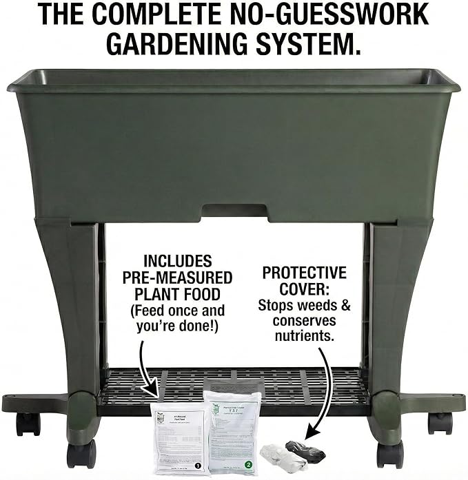EarthBox Raised Garden Bed with Legs – Elevated Self Watering Planter Box with Wheels Storage Shelf Premium Plant Food Easy Assembly Made in USA Dark Green