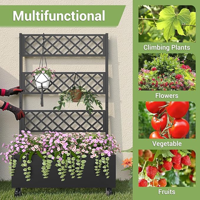 Metal Planter Box with Trellis Privacy Screen 67x35x16 Raised Garden Bed with Trellis Privacy Planter Boxes with Planting Bag &amp Lockable Casters for Climbing PlantsVegetablesand Vines