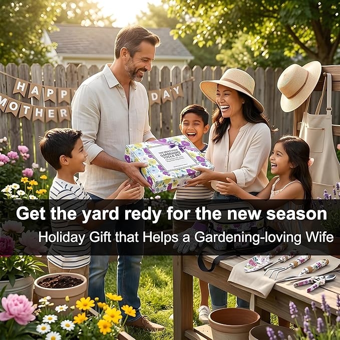 9-Piece Garden Tools Set with Apron Hat Gloves &amp Floral Tools - Ideal Gift for Mom Grandma Spring Planting Weeding Pruning &amp Yard Care