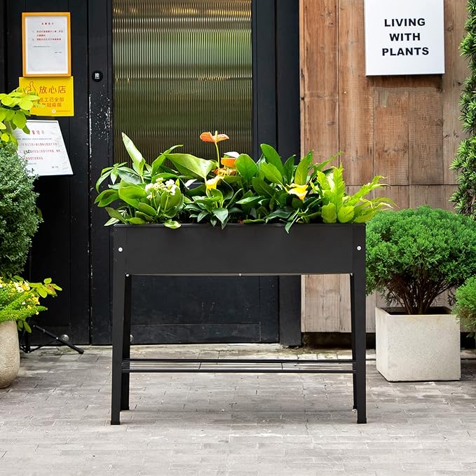 Piksedo Raised Garden Bed Elevated Planter Metal Plant Box with Legs Standing Garden Stand Drainage Holes Frosted Black