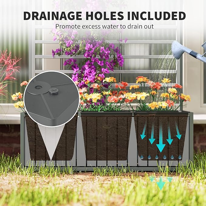Outsunny Wooden Raised Garden Bed with Trellis Removable Pots Drainage Holes for Climbing Vines Vegetables Flowers Raised Planter Box for Backyard Patio Balcony 29 x 11 x 52 in. Gray