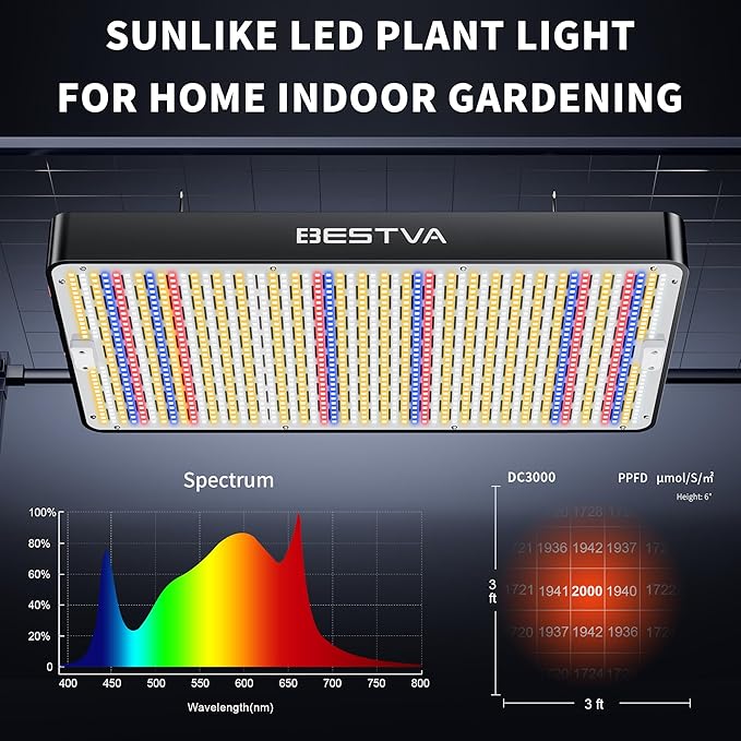 BESTVA DC3000 LED Grow Light Full Spectrum Grow Lights for Indoor Plants with Veg &amp Bloom Switches Quiet Cooling Fan for Seedling Veg Bloom All Growth Stages