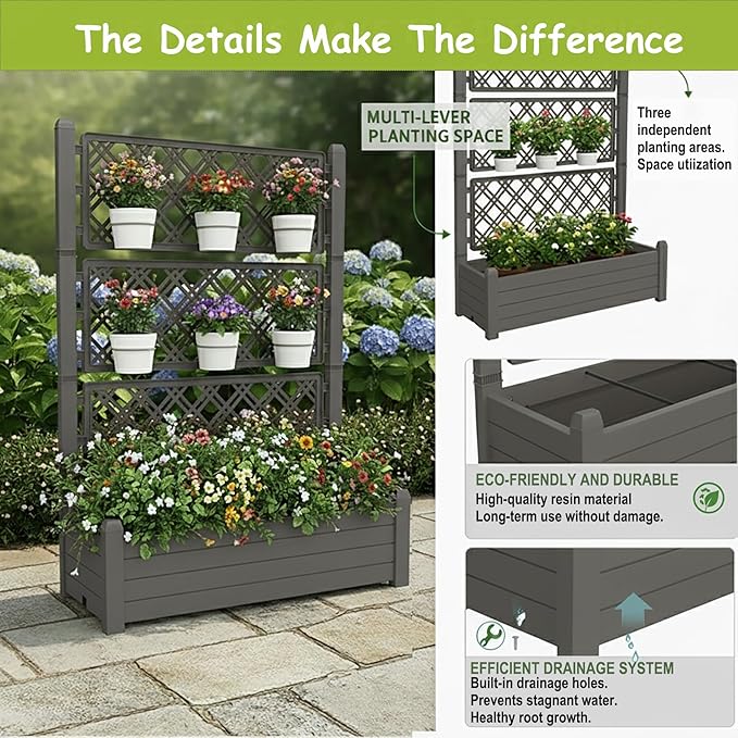 5.3' Tall Raised Garden Bed with Trellis Self Watering Planter Box for Outdoor Climbing Plants Resin Garden Lattice for Vegetables Flowers Tomato &amp Vine with Drainage Holes (Coffee 4 pack)