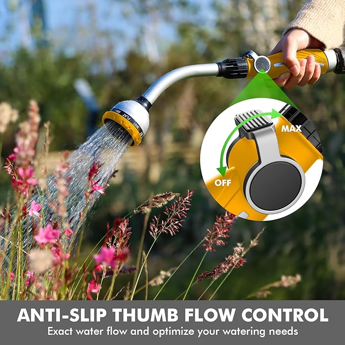 RESTMO Watering Wand Heavy Duty Metal Garden Hose Wand with 10 Spray Patterns 15-Inch Long Hose Nozzle Sprayer with Thumb Flow Control Ideal to Water Hanging Baskets and Shrubs Yellow