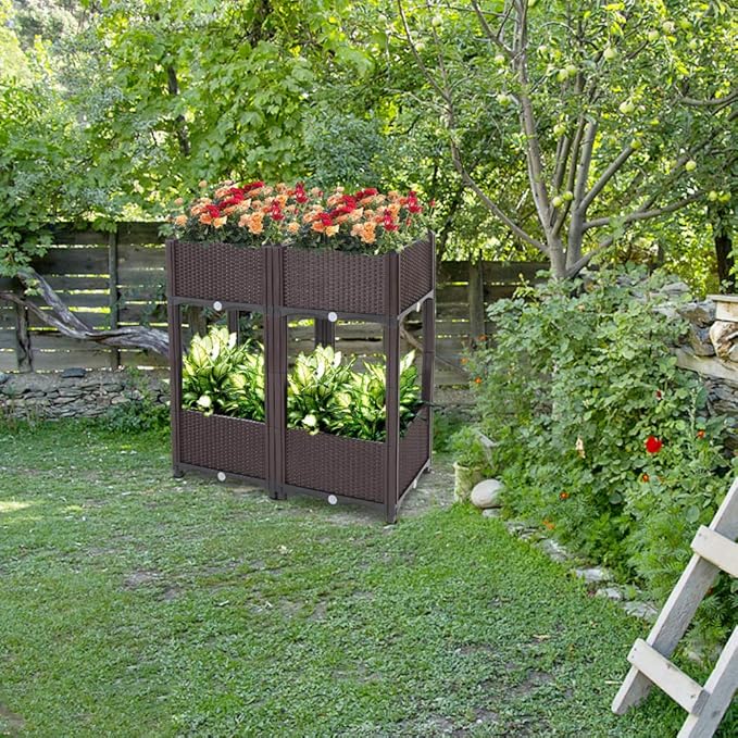 4 Pcs Raised Garden Planter Box BedRaised Indoor Outdoor Flower BedPlastic Elevated Garden Planters BoxVertical Pot Planter Boxeswith Drainage Plugfor Patio Porch Lawn Yard Backyard (Brown)