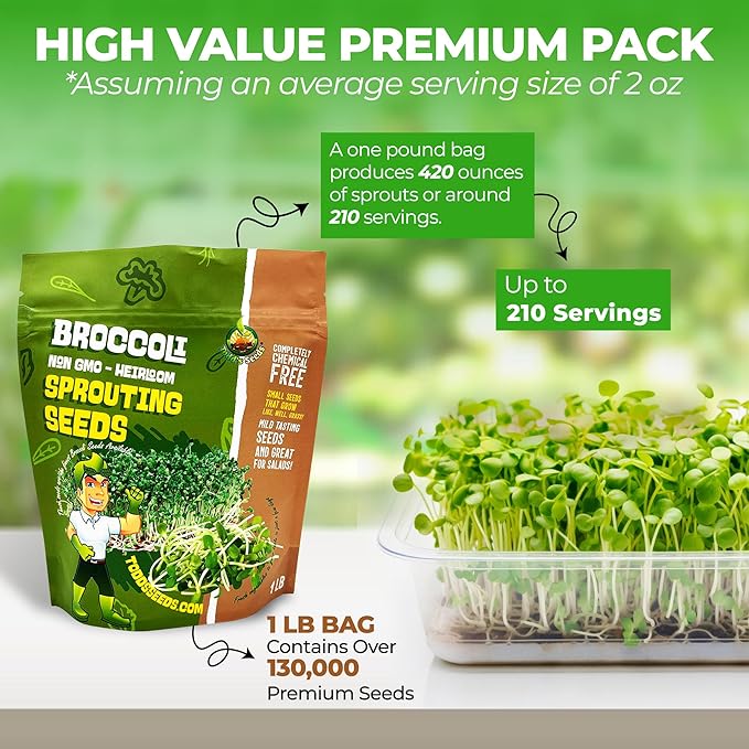 Todd’s Seeds - Calabrese Broccoli Sprouting Seeds 1 lb - High in Sulforaphane Non-GMO Heirloom Variety - Bulk Seeds for Nutrient-Rich Sprouts &amp Home Gardening (Chemical Free - Better than Organ