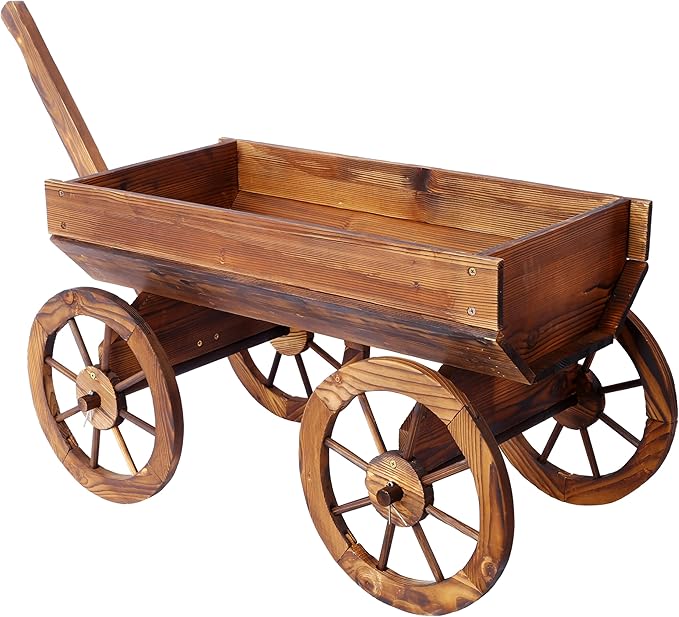 Wood Wagon Flower Planter Pot Stand WWheels Home GOutdoor Decor