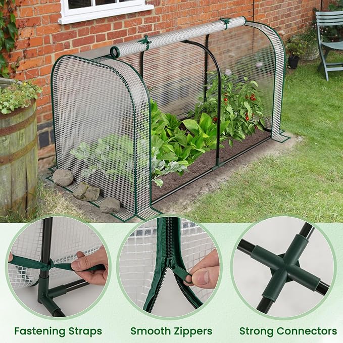 Giantex Raised Garden Bed with Cover Wood Elevated Planter Box with Legs &amp Mini Greenhouse Waterproof Sun-Protective PE Green House Cover Outdoor Use for Fruit Vegetable Flower Herb (White+Natu