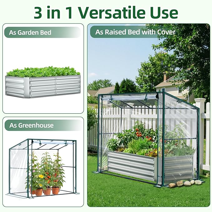 Ohuhu Raised Garden Bed with Cover Outdoor 4x2x1 FT Galvanized Metal Planter Box with PVC Greenhouse Cover Protects Plants from Frost Birds Insects 3-in-1 Gardening Set for Vegetable Flower Herb