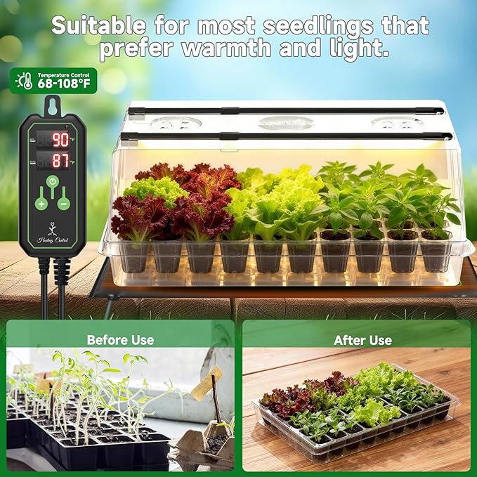 Large Seed Starter Tray with Grow Light and Thermostat Controller Heat Mat 10x 20.75 Heat Mats for Plant Growing68-113°F AdjustableColor Change Grow LightsGermination Trays Kits