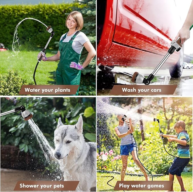 RESTMO Metal Watering Wand Heavy Duty Garden Hose Wand with 180° Swivel Ratcheting Head 16'' Hose Nozzle Sprayer with 7 Spray Patterns and Flow Control for Water Hanging Baskets and Shrubs Brown