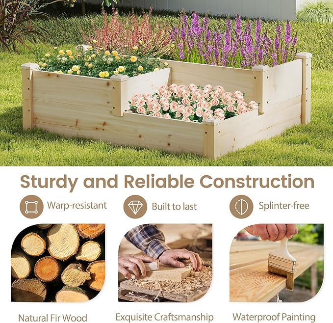 HAPPYGRILL 3-Tier Raised Garden Bed Wood Elevated Planter Box w/Open-Ended Base 3 Planting Depths&amp 2 Arrangement Options for Yard Lawn Outdoor Planter Raised Beds for Vegetables Herbs Fruits