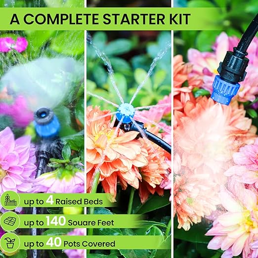 Bonviee Drip Irrigation System 230FT – Quick Connect Garden Watering Kit with Adjustable Drip Emitters 1/4” &amp 5/16” Tubing for Raised Beds Greenhouse Lawn Automatic Timer Compatible