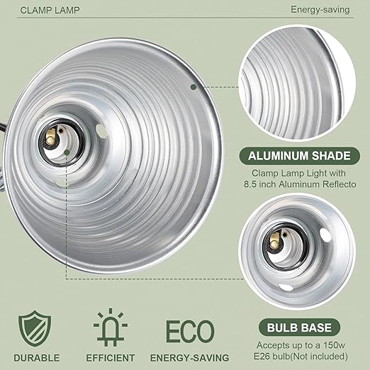 Macarrie 8 Pack Clamp Lamp Light with Aluminum Reflector 6ft SPT-2 18awg Cord and Adjustable Stand Fixture up to 150 Watt E26 Socket No Bulb(8.5 Inch)