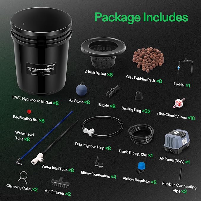 VIVOSUN DWC Hydroponics Grow System with Top Drip Kit 5-Gallon Deep Water Culture Recirculating Drip Garden System with Multi-Purpose Air Hose Air Pump and Air Stone (8 Buckets + Top Drip Kit)