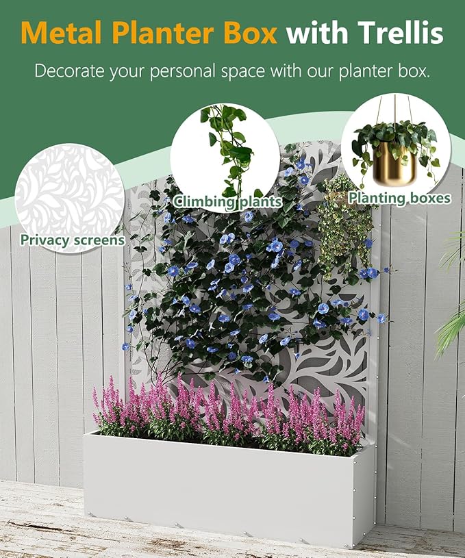 Metal Planter Box with Trellis70.9x47.2x15.7 Raised Garden Bed with Drainage Holes Privacy Planters for Outdoor Garden Bed for Climbing PlantsVegetablesand Vines White-Flower