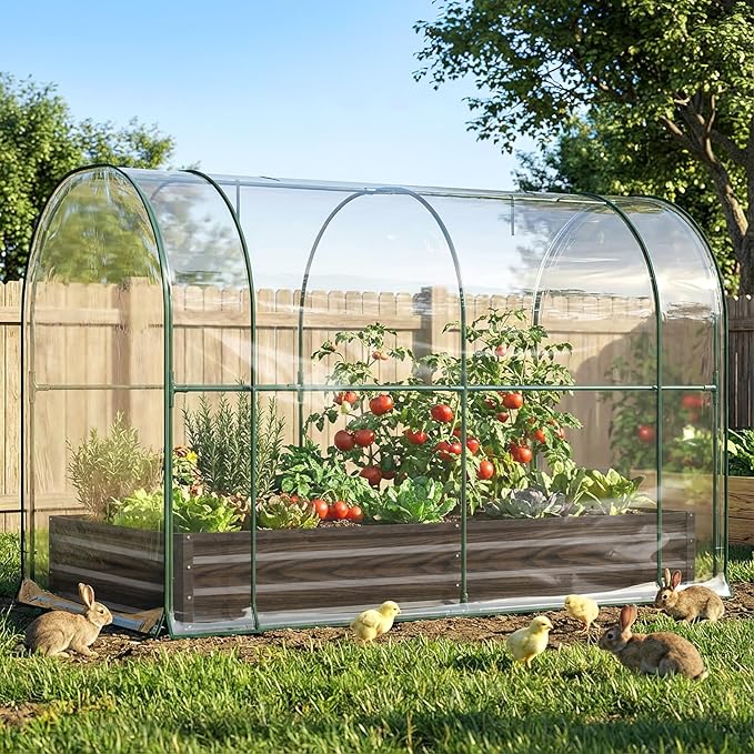 DoCred Galvanized Raised Garden Bed with PVC Cover 84.6 x 45.3 x 47.2 Metal Planter Bottomless Box w/Roll-Up Window Mini Greenhouse Tent for Outdoor Growing Vegetables Flower Fruit