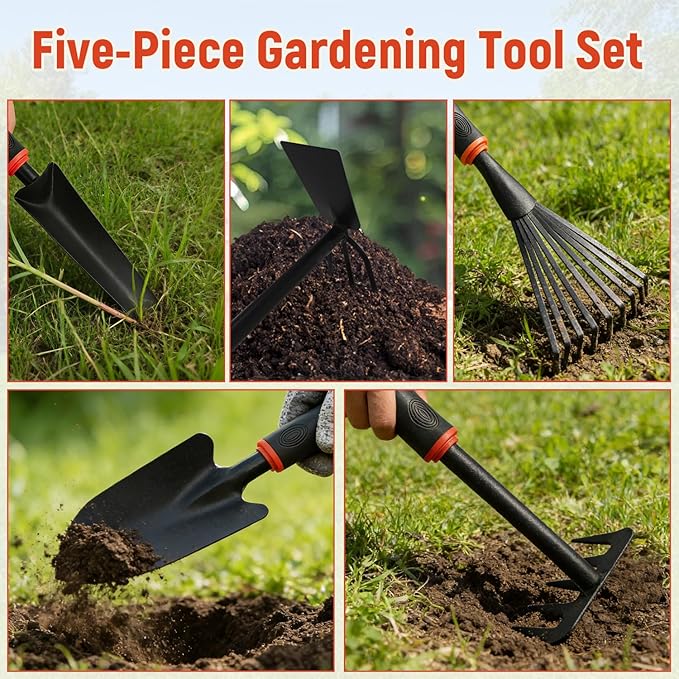 FR 5-Piece Garden Tool Set – Heavy Duty Hand Weeder Kit with Trowel Cultivator &amp Rake – Ergonomic Manual Gardening Tools for Digging Planting &amp Weed Removal in Lawn &amp Flower Beds