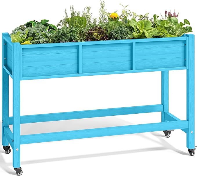 YITAHOME Raised Garden Bed HDPE 47x18x31In Raised Flower Bed Poly-Wood Weather-Resistant Elevated Planter Box with Lockable Wheels for Vegetables Aruba Blue