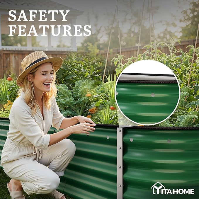 YITAHOME 17 Tall 9 in 1 Large Raised Garden Bed Kit 8x2x1.4ft Galvanized Metal Planter Box with Gloves &amp Safety Rubber Outdoor Above Ground Planters for Plants Vegetables Flowers Green