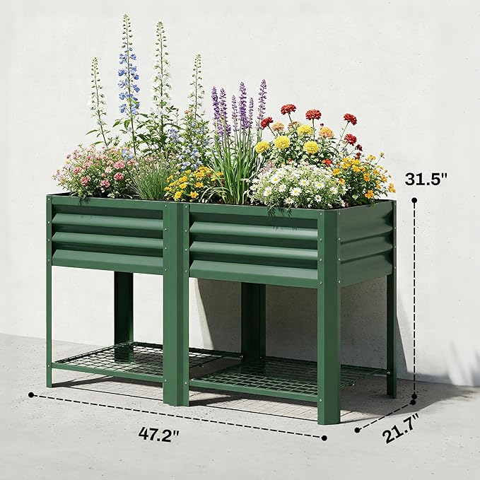 Outsunny Galvanized Steel Raised Garden Bed with Storage Shelf and Bed Liner Elevated Planter Box with Legs for Flowers Vegetables and Herbs for Outdoor Patio Yard Glove Included Green