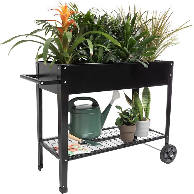 Home-Complete Raised Garden Bed - Planter Box with Storage Shelf for Growing Flowers Vegetables or Herb Garden - Gardening Supplies (Black)