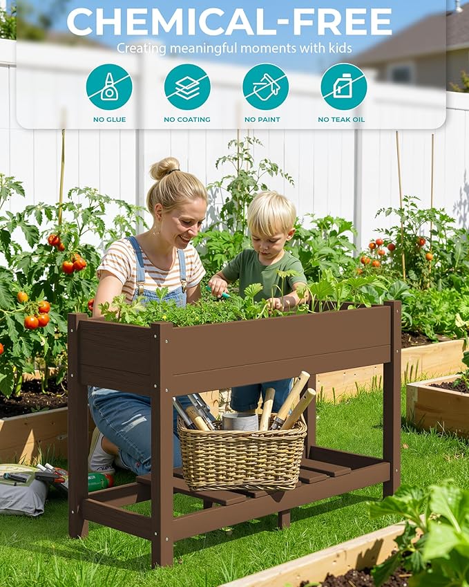SERWALL Raised Garden Bed with Legs 43×17×30 Large HDPE Elevated Planter Box for Vegetables Flower Herb Patio All Weather Use- Brown