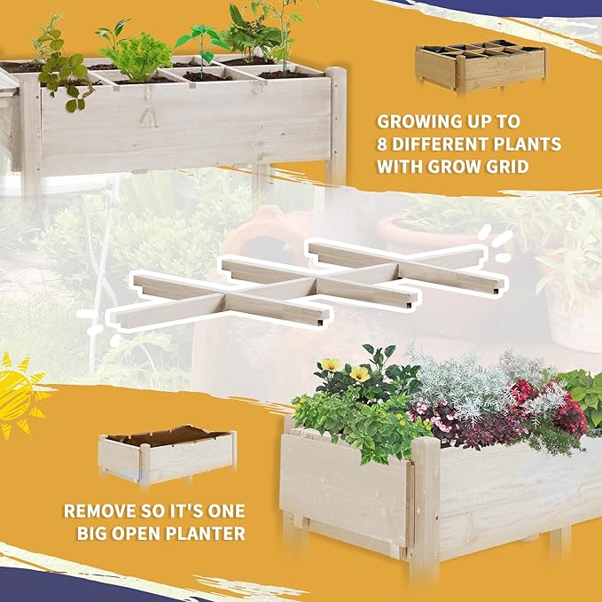 Outsunny Raised Garden Bed with 8 Grow Grids Wooden Outdoor Plant Box Stand with Folding Side Table and Wheels 49 x 21 x 34 for Vegetables Flowers Herbs Natural