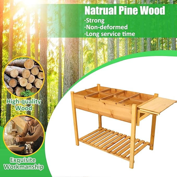 8 Pockets Horticulture Raised Garden Bed Elevated Wood Planter Box Stand with Foldable Side Table and Storage Shelf for Herb/Vegetables/Flowers