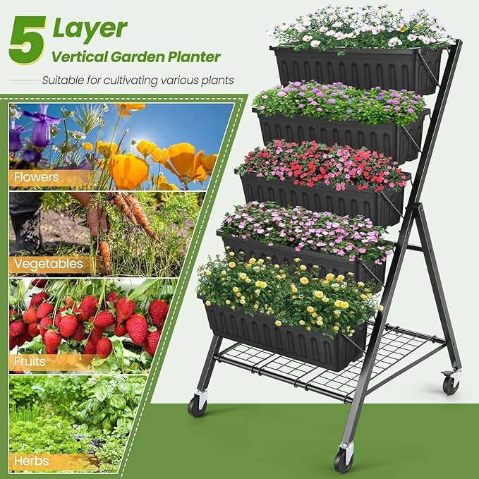 SEJOV 5-Tier Raised Garden Bed 4FT Vertical Garden Planter with Storage Rack and Lockable Caster Wheels Indoor Outdoor Raised Planter Box with Drainage System for Vegetables Flowers Herbs Black