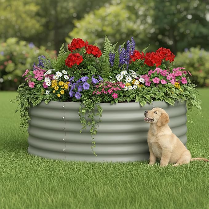 DDK Galvanized Raised Garden Bed Round Outdoor Planter Bed 4x4x1.5ft Metal Planter Box for Gardening and Planting2PackLG
