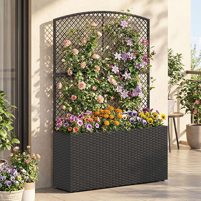 Happygrill Raised Garden Bed with Trellis 58 Wicker Planter Box with Privacy Screen Liner Drainage for Patio Balcony Outdoor PE Rattan Elevated Garden Bed for Climbing Plant Vine Flower (Black2)