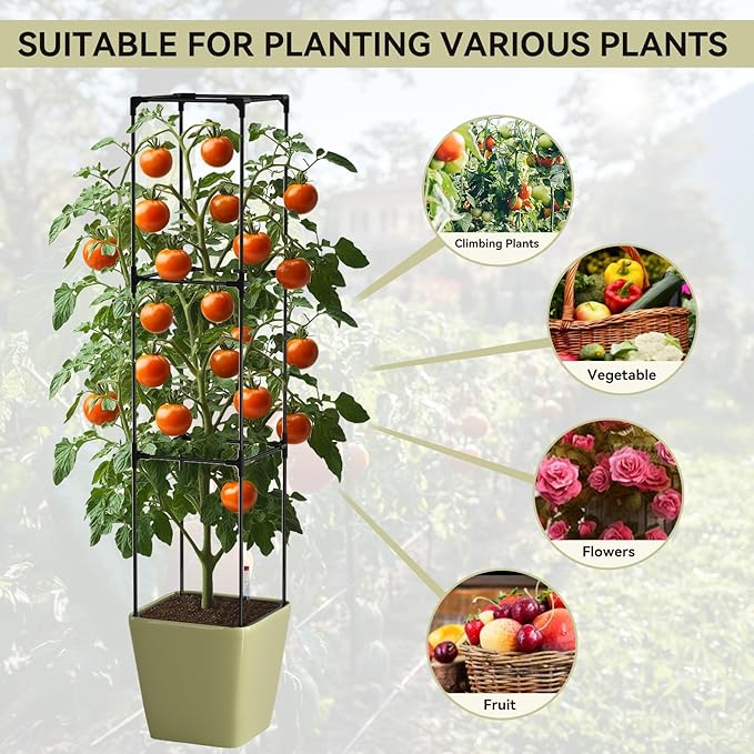 SUNYRISY Self Watering Planter Box with Plant Cage Raised Garden Bed with Wheels and Tomato Cage for Climbing Plants Vegetable Vine Flowers Outdoor Patio