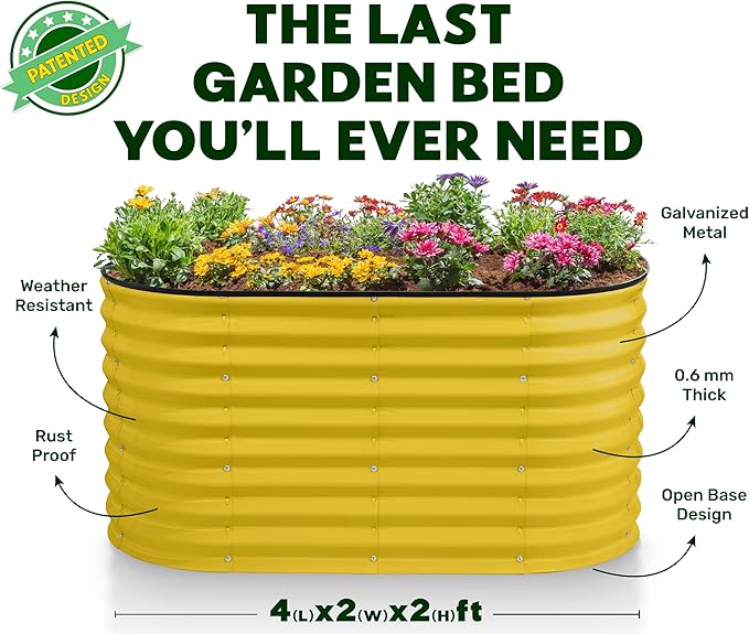 Plant &amp Plot Galvanized Raised Garden Beds Outdoor // 4×2×2 ft Planter Raised Beds for Gardening Vegetables Flowers // Large Metal Garden Box (Yellow) // Patented Tool-Free Design