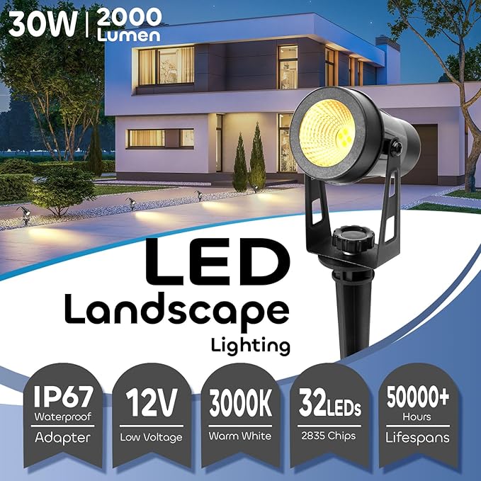 ECOWHO Landscape Lighting with Transformer IP65 LED Outdoor Spotlights Waterproof 30W 2000LM Warm White 3000K Garden Lights 90ft Cable for Garden Pathway Yard Tree Uplighting Patio (8 Pack)