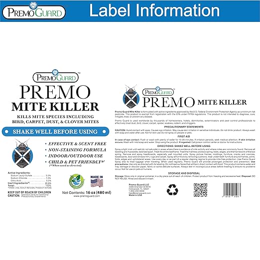 Premo Guard Natural Mite Spray – 16 oz Bottle – Plant Based Treatment for Dust Spider Carpet Bird Rat Mites – Safe for Families Pet Home Bedding &amp Furniture When Used As Directed