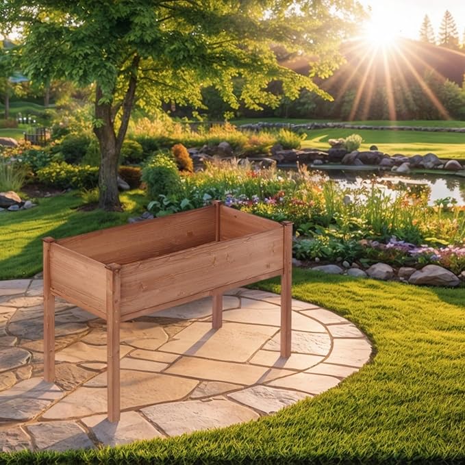 Donext 48 Inch Raised Garden Bed 30 Height Solid Wood Planter Box with Bed Liner 300lb Capacity Elevated Gardening Box(Brown)
