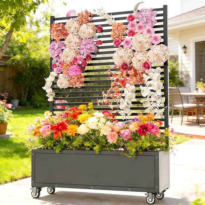 Planter with TrellisGarden Bed with TrellisPrivacy Planter with Drainage Holes &amp Lockable Casters for Climbing PlantsVegetables and Vines