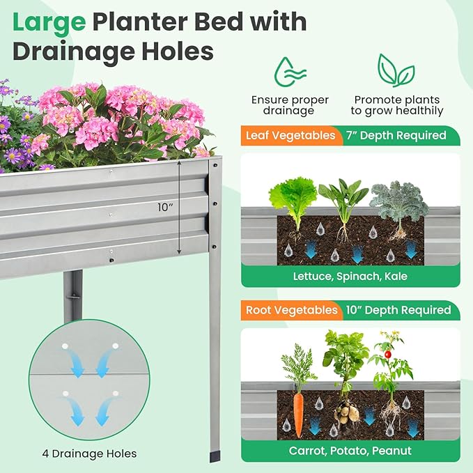 Giantex Raised Garden Bed with Legs 46”x24”x32” Galvanized Steel Planter Box with Drainage Holes for Vegetables Flowers &amp Fruits Freestanding Elevated Planting Bed Easy Assembly (Silver)